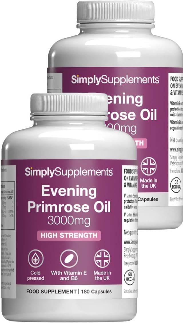 Evening Primrose Oil 3000mg Capsules | Supports Hormonal Balance & Healthy Skin | with Added Vitamins B6 & E | 360 Softgels Capsules = 4 Months’...
