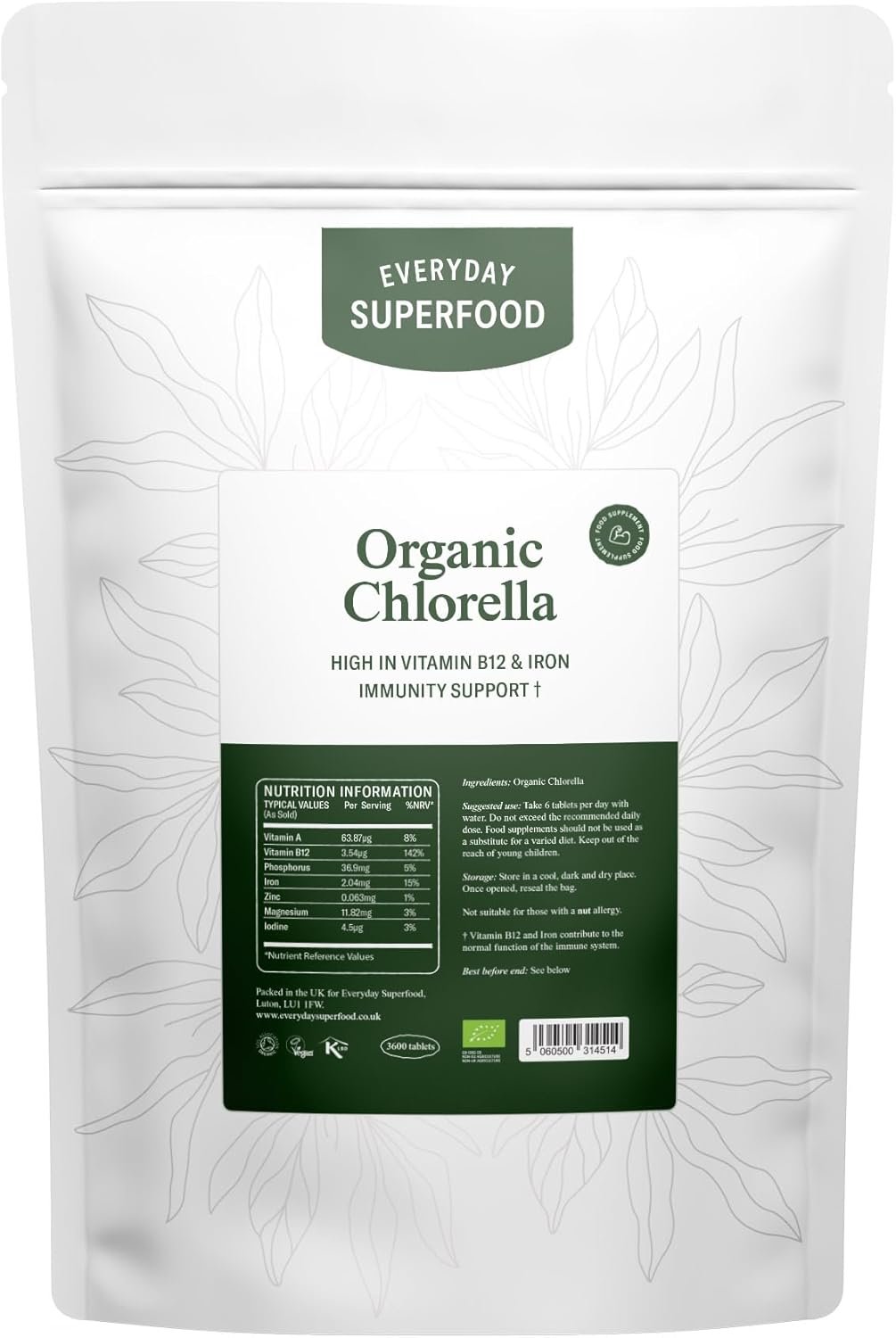 Everyday Superfood Organic Chlorella Tablet 360 Tablets, Broken Cell Wall Compressed Raw Chlorella Powder