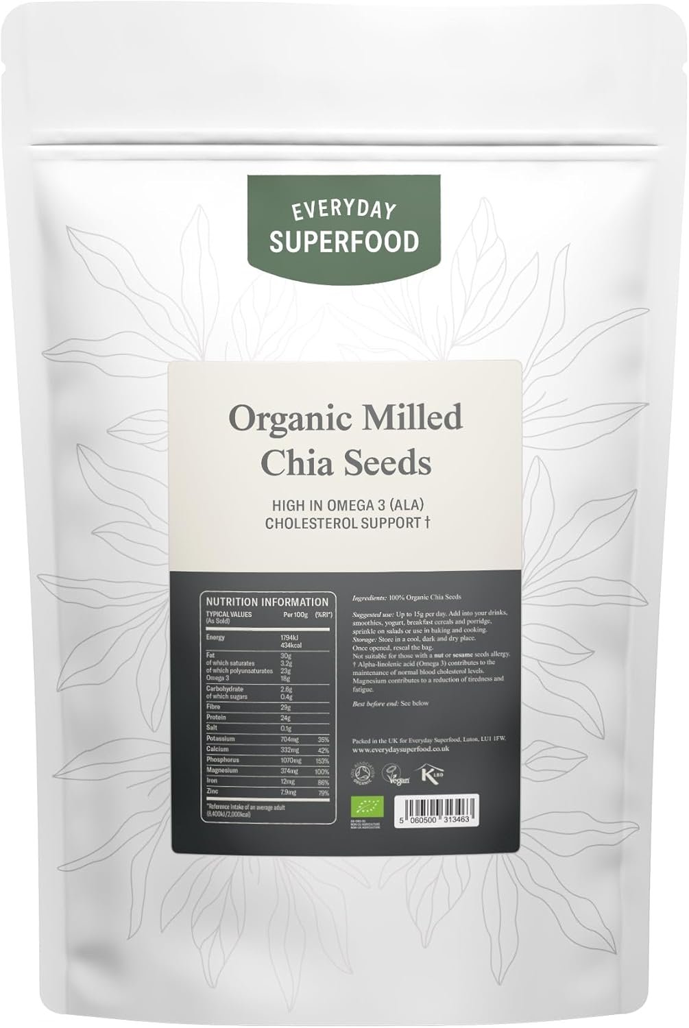 Everyday Superfood Organic Milled Chia Seeds 350g, Cold Ground Premium Chia Seed Powder