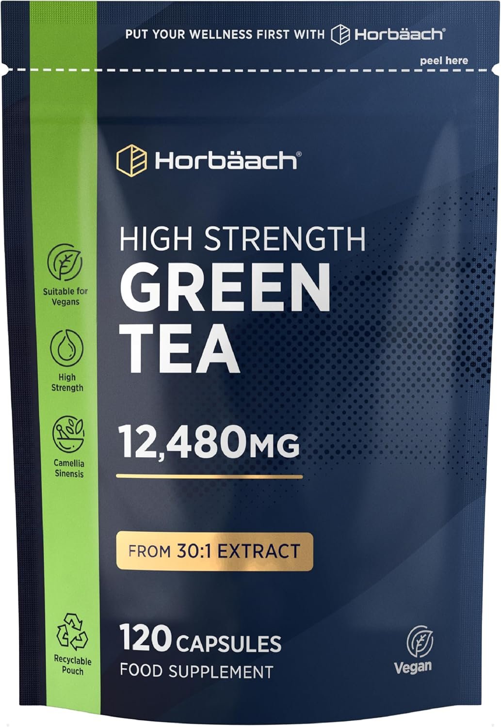 Green Tea Capsules 12,480mg | Providing High Strength Polyphenols | 30:1 Leaf Extract | 120 Powder Capsules | Vegan | Horbaach