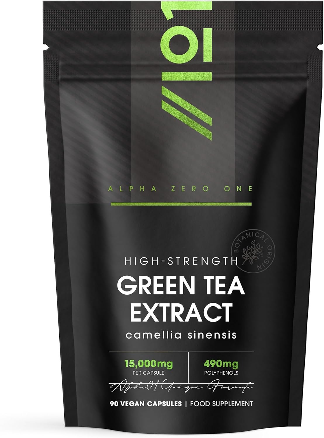 Green Tea Extract 15,000mg - 95% Polyphenols (490mg per Capsule) - 90 Vegan Capsules (3 Months Supply) - Resealable and Recyclable Pouch - by Alpha01