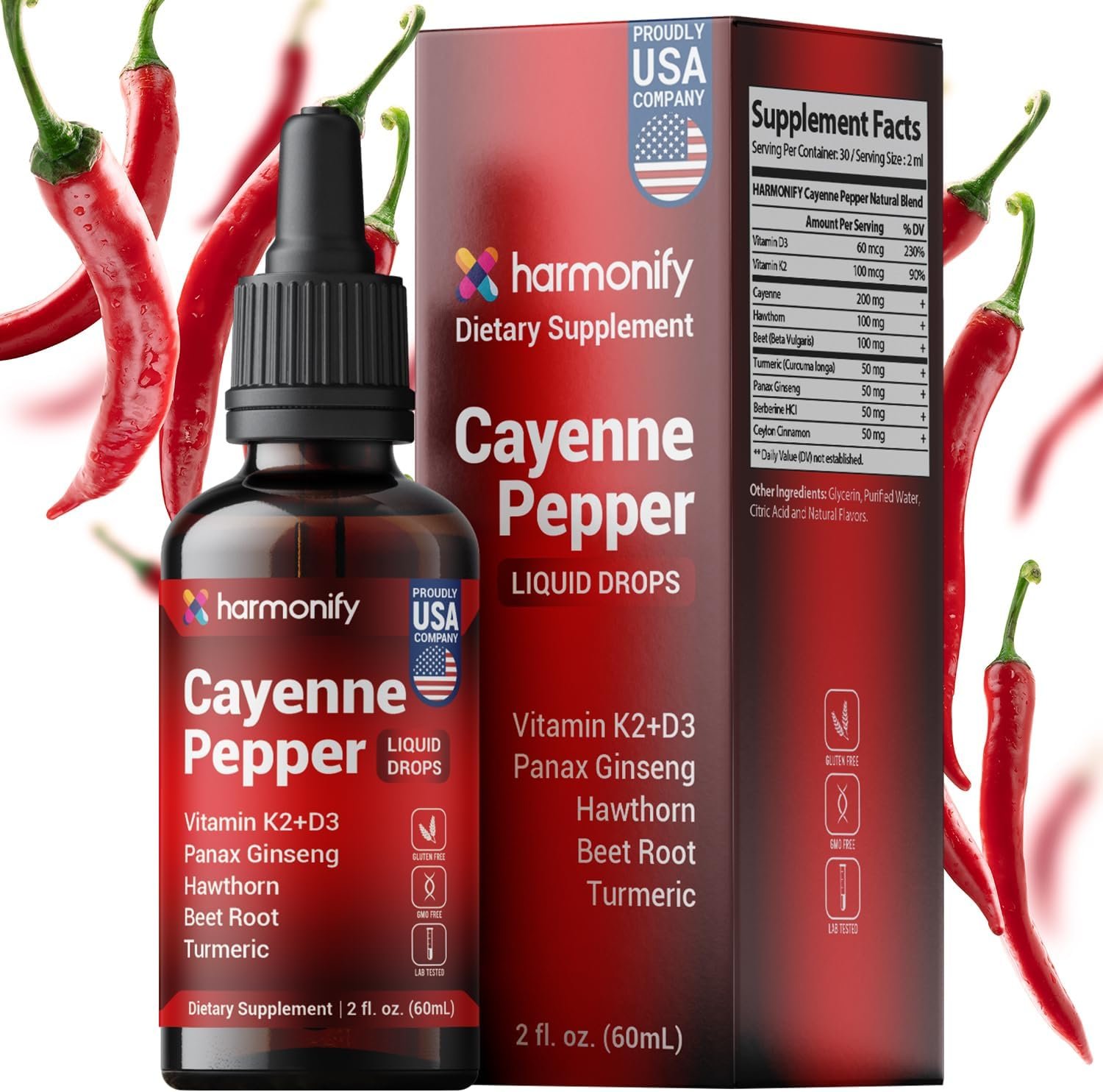 HARMONIFY Cayenne Pepper Liquid Drops with Vitamin D3 & K2, Hawthorn, Beet Root, Turmeric, Panax Ginseng, Berberine & Ceylon Cinnamon - Quality...