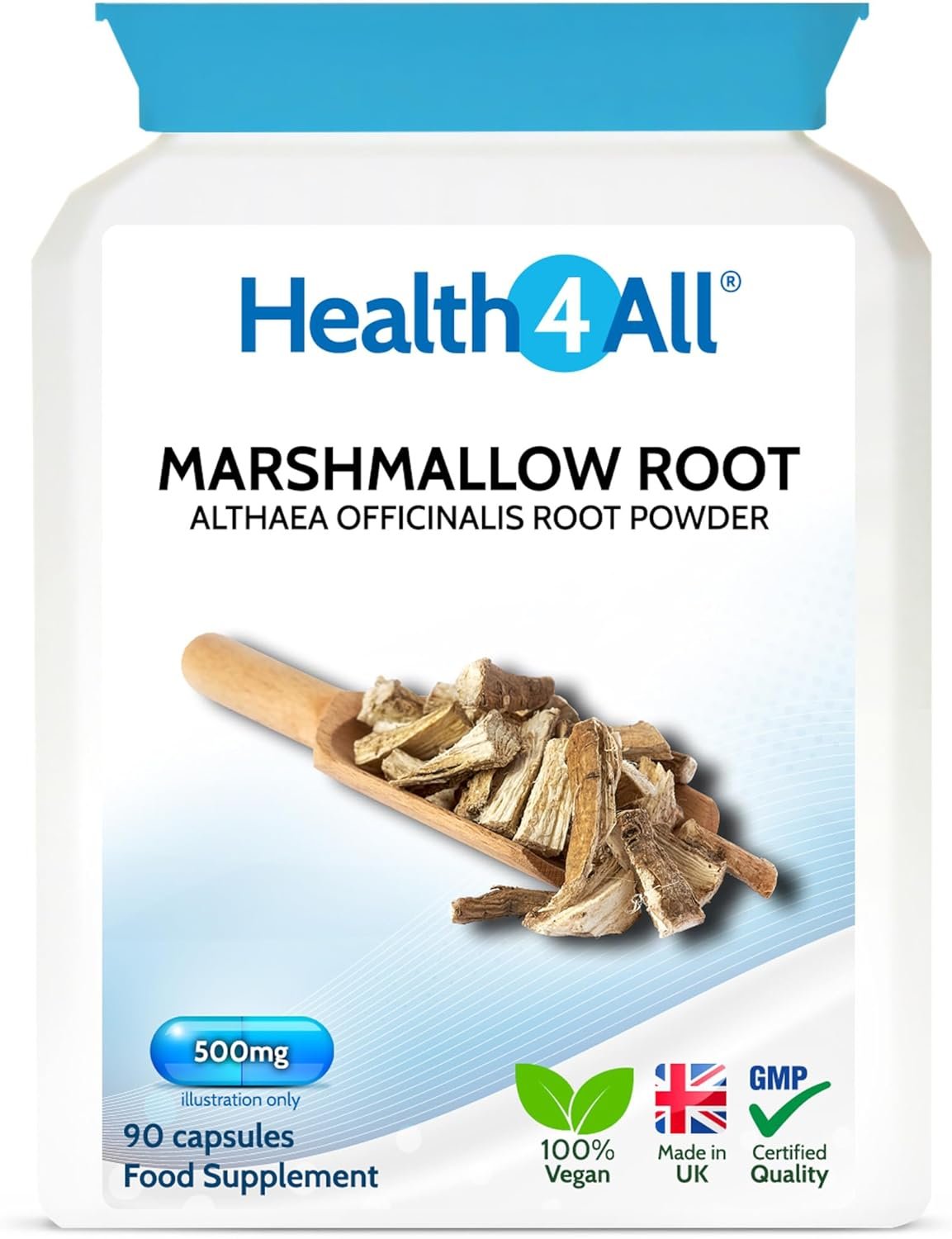 Health4All Marshmallow Root 500mg per Capsule, 90 Capsules, Digestive & Resporatory Health Supplement Soothing Relief, Purest Vegan Natural Marshmallow...
