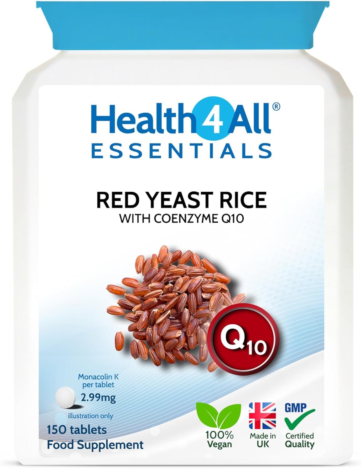 Health4All Red Yeast Rice with CoQ10, 2.99mg monacolin k per Tablet, 5 Months Supply 150 Tablets, Cholesterol Lowering Supplement, Vegan, Gluten Free,...