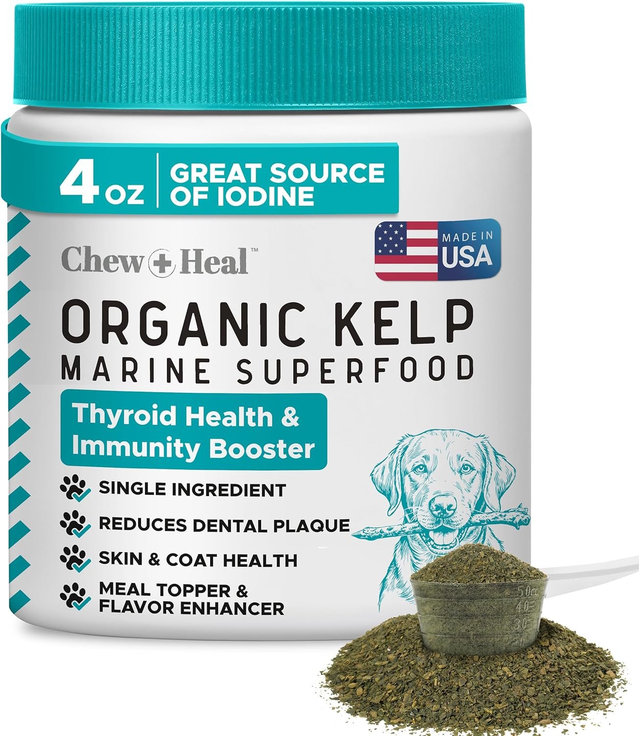 Kelp Supplement for Dogs – Natural Seaweed Powder for Thyroid Function, Dental Health, Immune Support, Skin & Coat – Iodine-Rich 4oz (110g) Meal Topper...