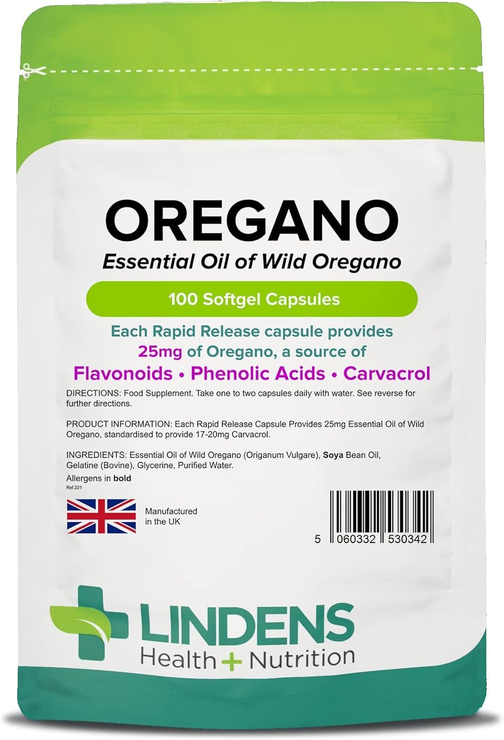 Lindens Oregano Oil 25mg - 100 Capsules - UK Made - Natural Source of Phenolic Acids and Flavonoids - Origanum Vulgare - Easy Swallow & Rapid Release -...