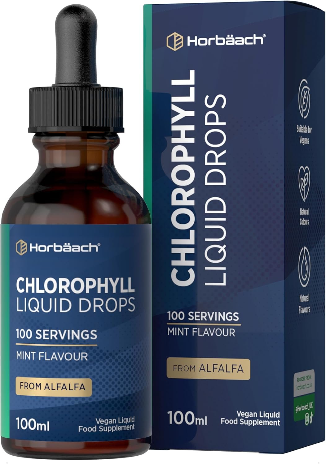 Liquid Chlorophyll Drops for Water Extracted from Alfalfa | 100ml - 3+ Months Supply | 100 Servings | Mint Flavour | Vegan Liquid Food Supplement | by Horbaach