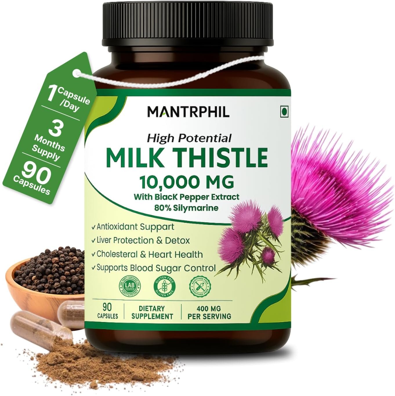 Milk Thistle Capsules High Strength 10,000mg | 90-Day Supply | 400mg Silymarin with Black Pepper | Natural Herbal Supplement for Liver Cleanse & Detox |...