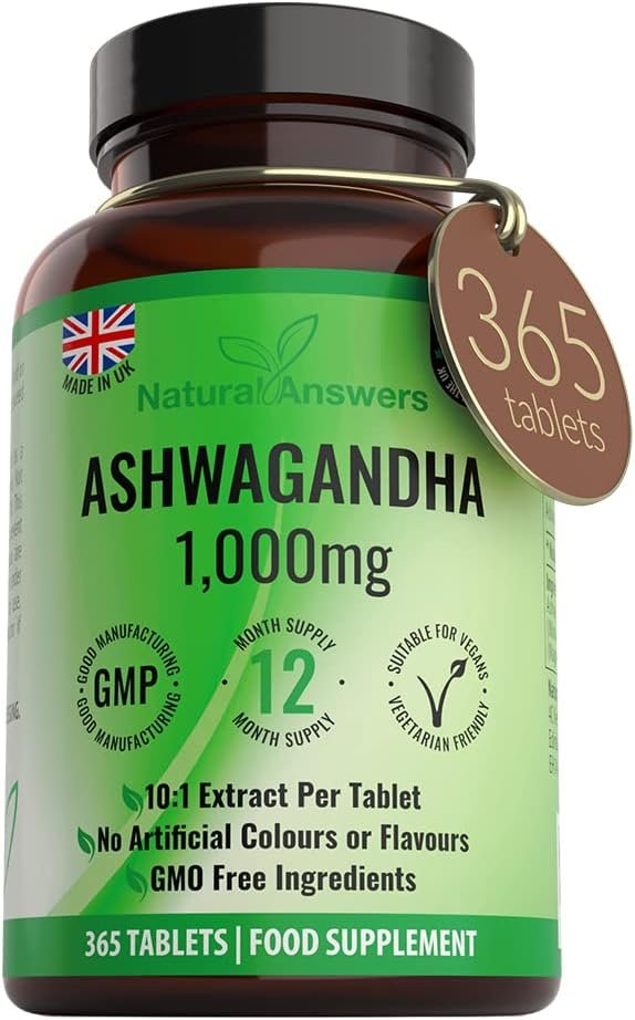 Natural Answers 365 x Ashwagandha 1000mg Per Tablet | 1 Year Supply of High Strength Vegan Tablets (Not Capsules or Pills) of Pure Powder UK Made Anxiety Relief