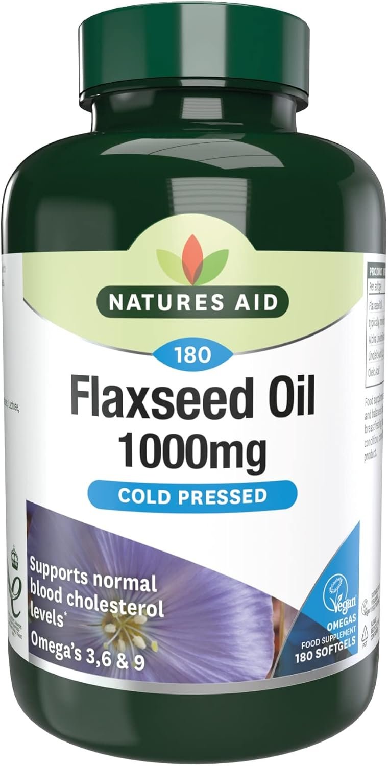 Natures Aid Flaxseed Oil 1000mg – High Strength Omega-3 Softgels – Supports Heart & Brain Function – Vegan, Non-GMO, Gluten-Free – Cold Pressed...