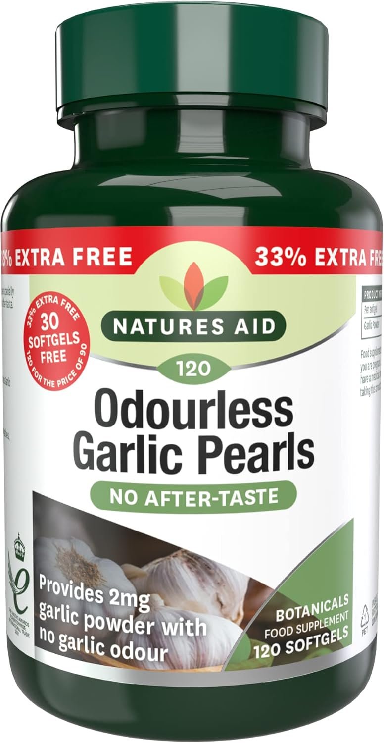 Natures Aid Odourless Garlic Pearls - Supports Heart Health and Circulation - Antioxidant - Non-GMO, Gluten-Free - One-a-Day Easy to Swallow, Tasteless...