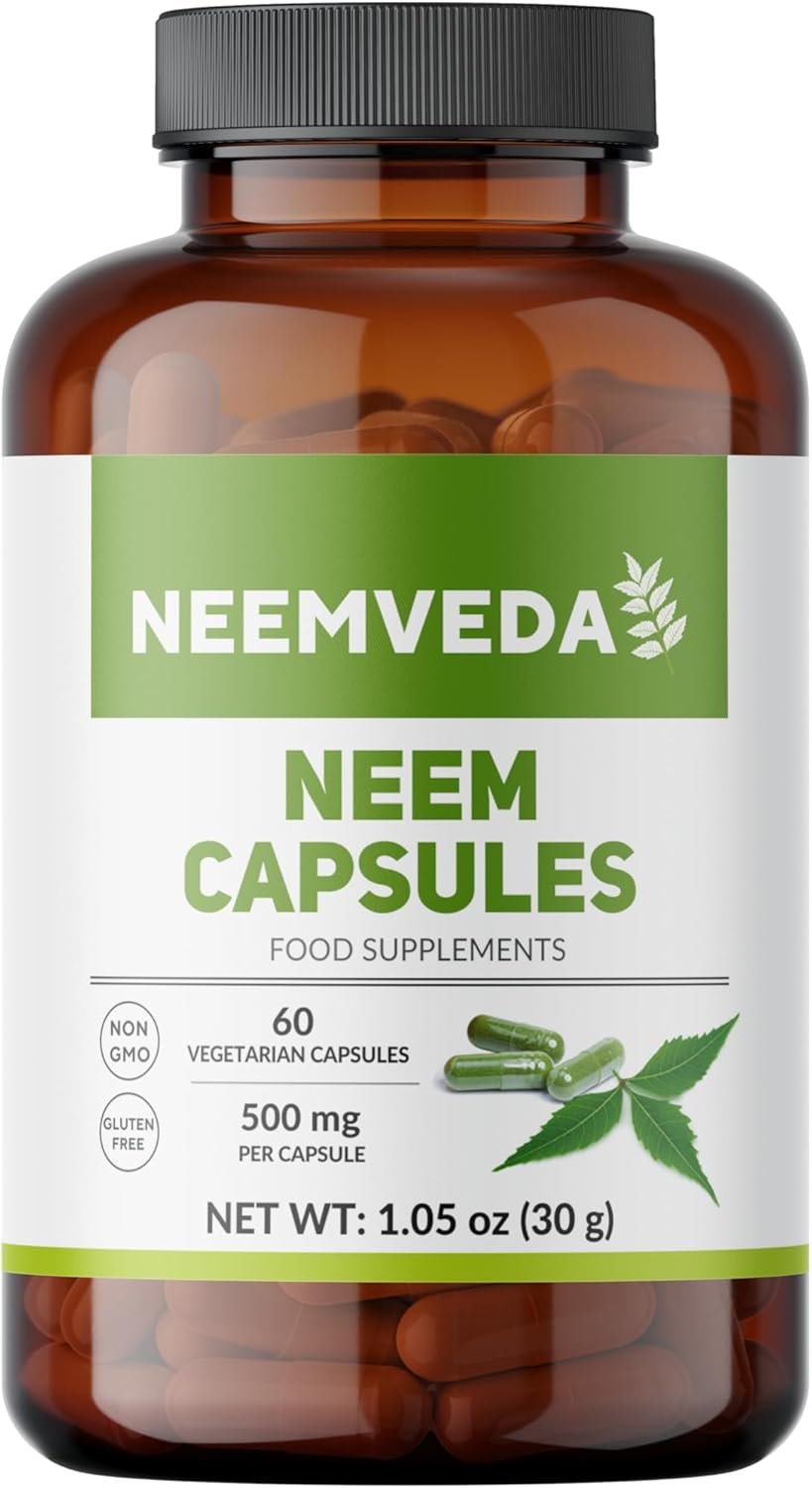 Neemveda Pure Neem Capsules 60 nos, 500 mg, 100% Natural, Vegan, Gluten Free, Fresh-Ground Whole Food