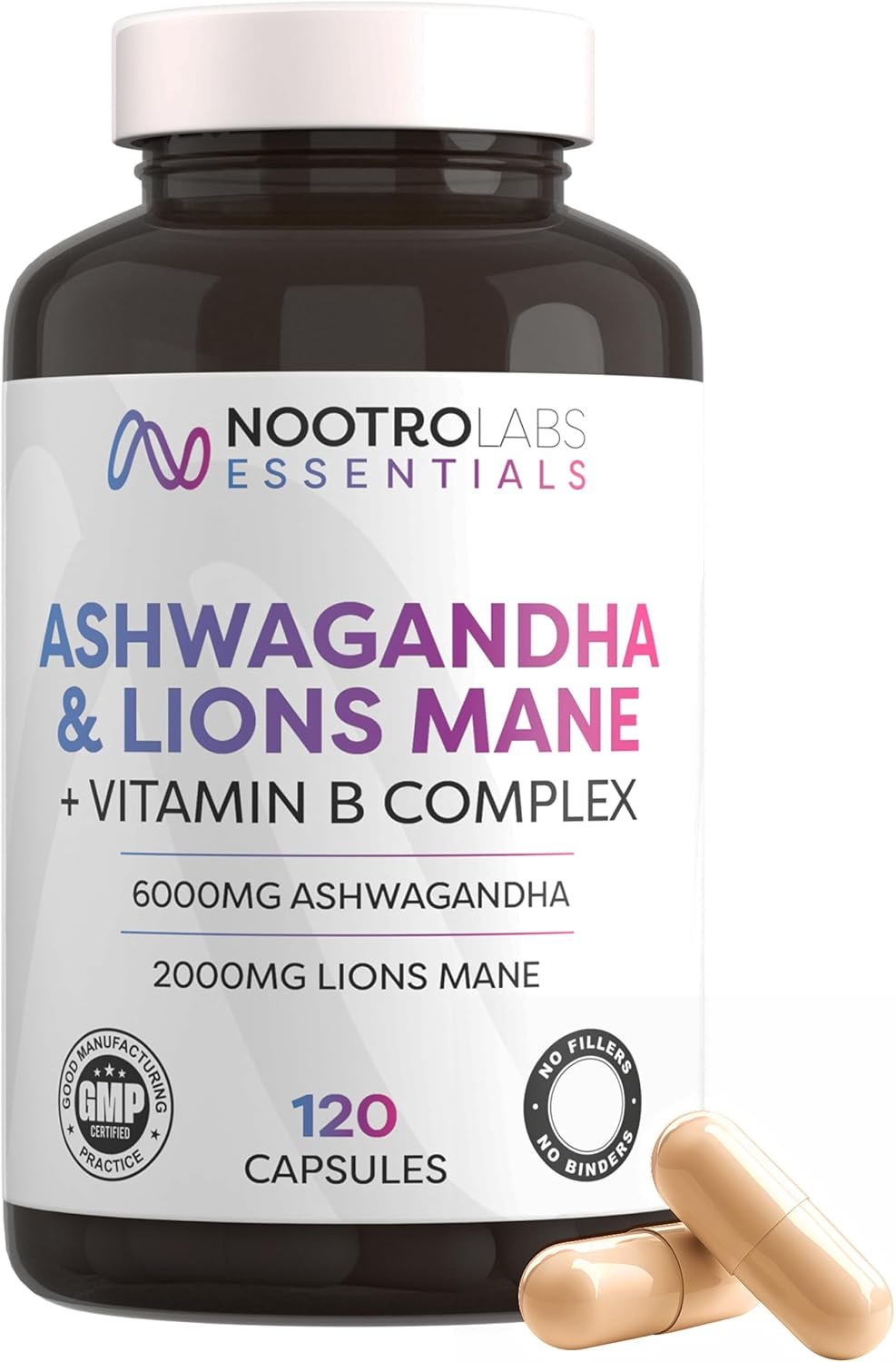 Nootro Labs Essentials Ashwagandha and Lions Mane Capsules (60 Servings), High Strength Cortisol Lowering Supplement To Support Focus, Brain Fog and Energy