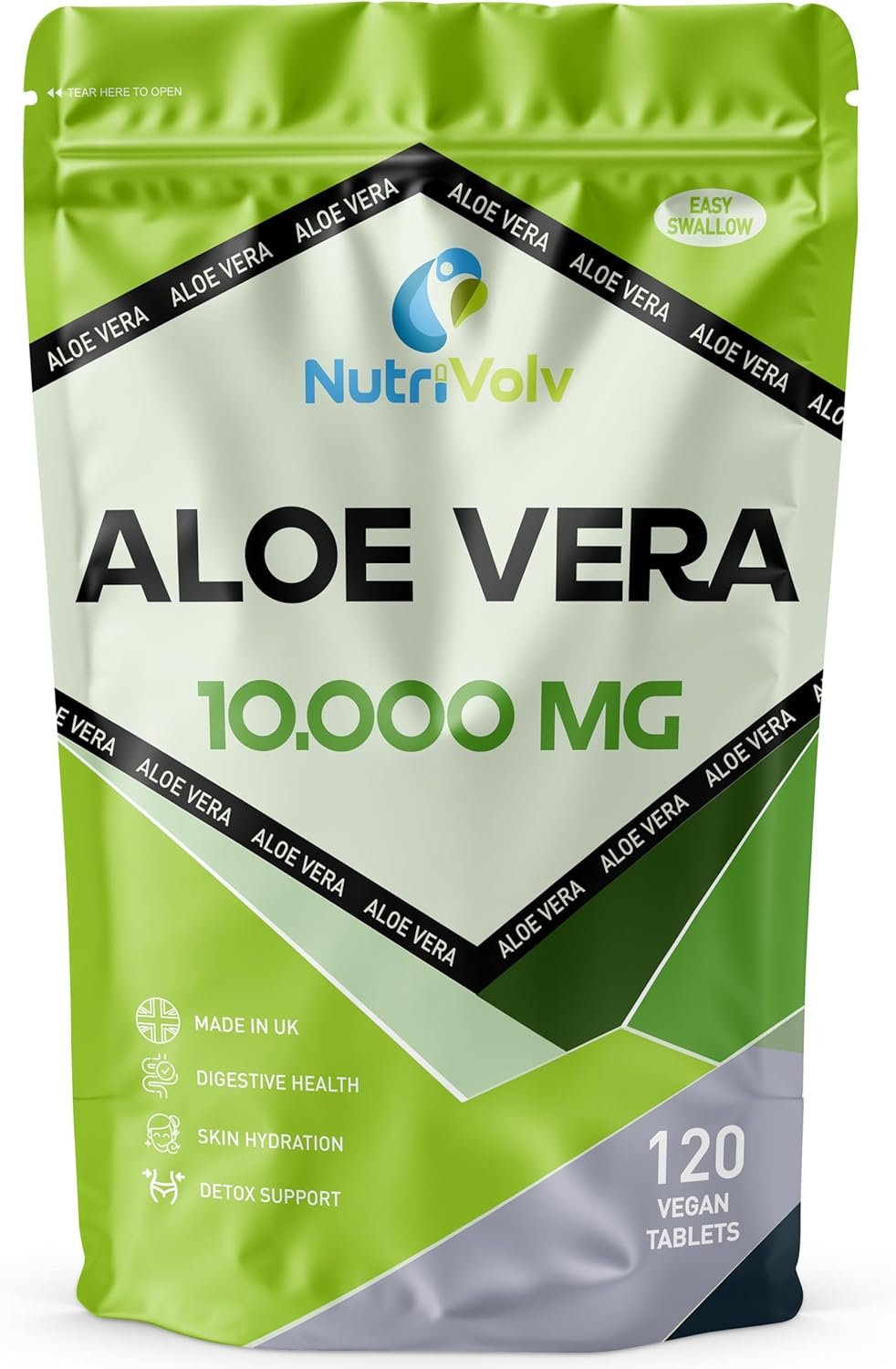 NutriVolv Aloe Vera 10,000mg - 120 Tablets | Natural Skincare, Colon Cleanse & Digestion Support | Detox & Immune Boosting Supplement | High...