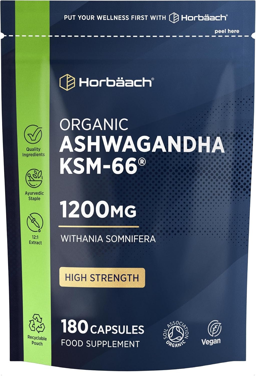 Organic Ashwagandha KSM-66® 1200mg with 5% Withanolides | Pure Ashwagandha Root Powder | High Strength | 180 Vegan Capsules (Not Tablets) | Supplement for...