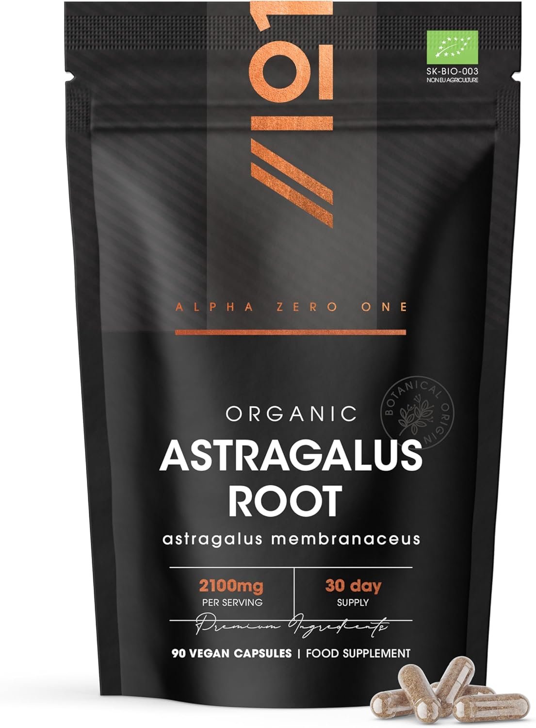 Organic Astragalus 2100mg – Potent & Clean Formula - Organic Certified - Resealable and Recyclable Pouch – 90 Vegan Capsules by Alpha01