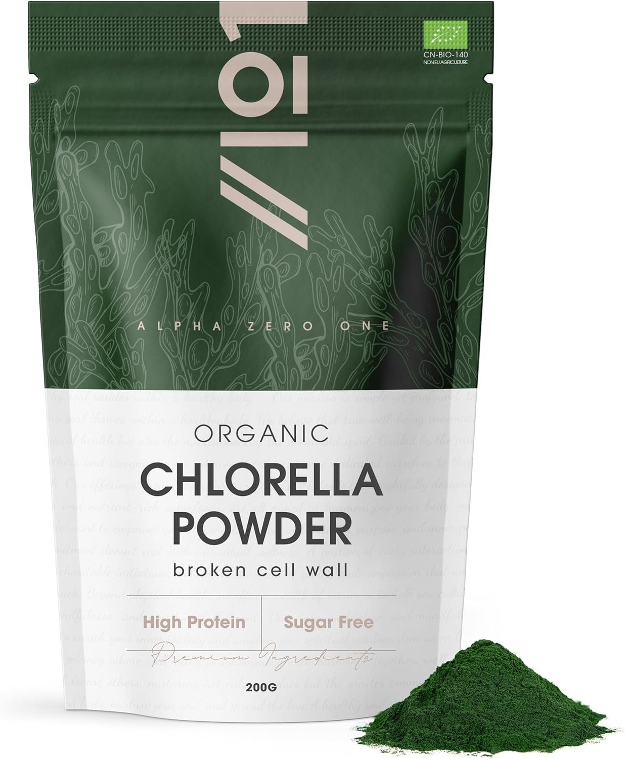 Organic Chlorella Powder 200g - Broken Cell Wall - Cold Pressed – Resealable and Recyclable Pouch by Alpha01