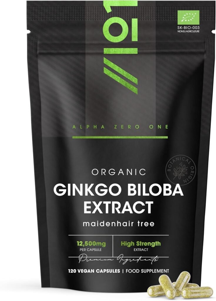 Organic Ginkgo Biloba Extract 12,500mg – High Strength Formula – 120 Vegan Capsules – Resealable and Recyclable Pouch by Alpha01