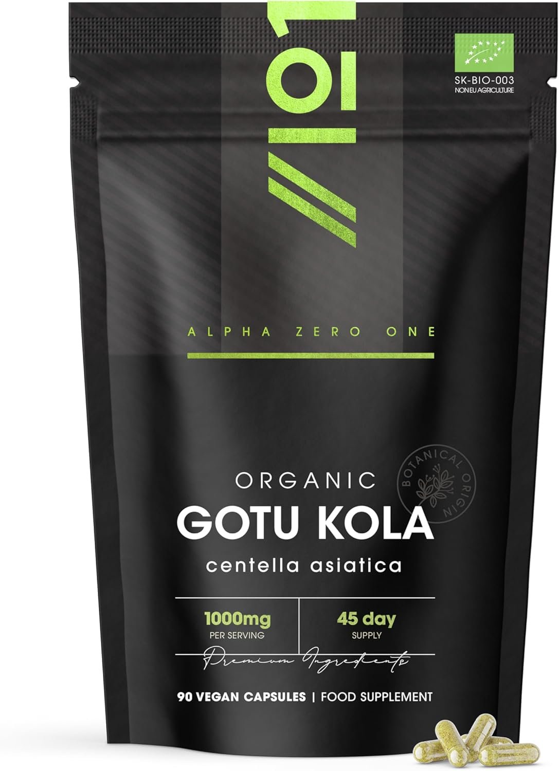Organic Gotu Kola 1000mg – 90 Vegan Capsules – High Strength Centella Asiatica Gotu Kola Leaf Supplement - 45 Day Supply - Resealable and Recyclable Pouch...