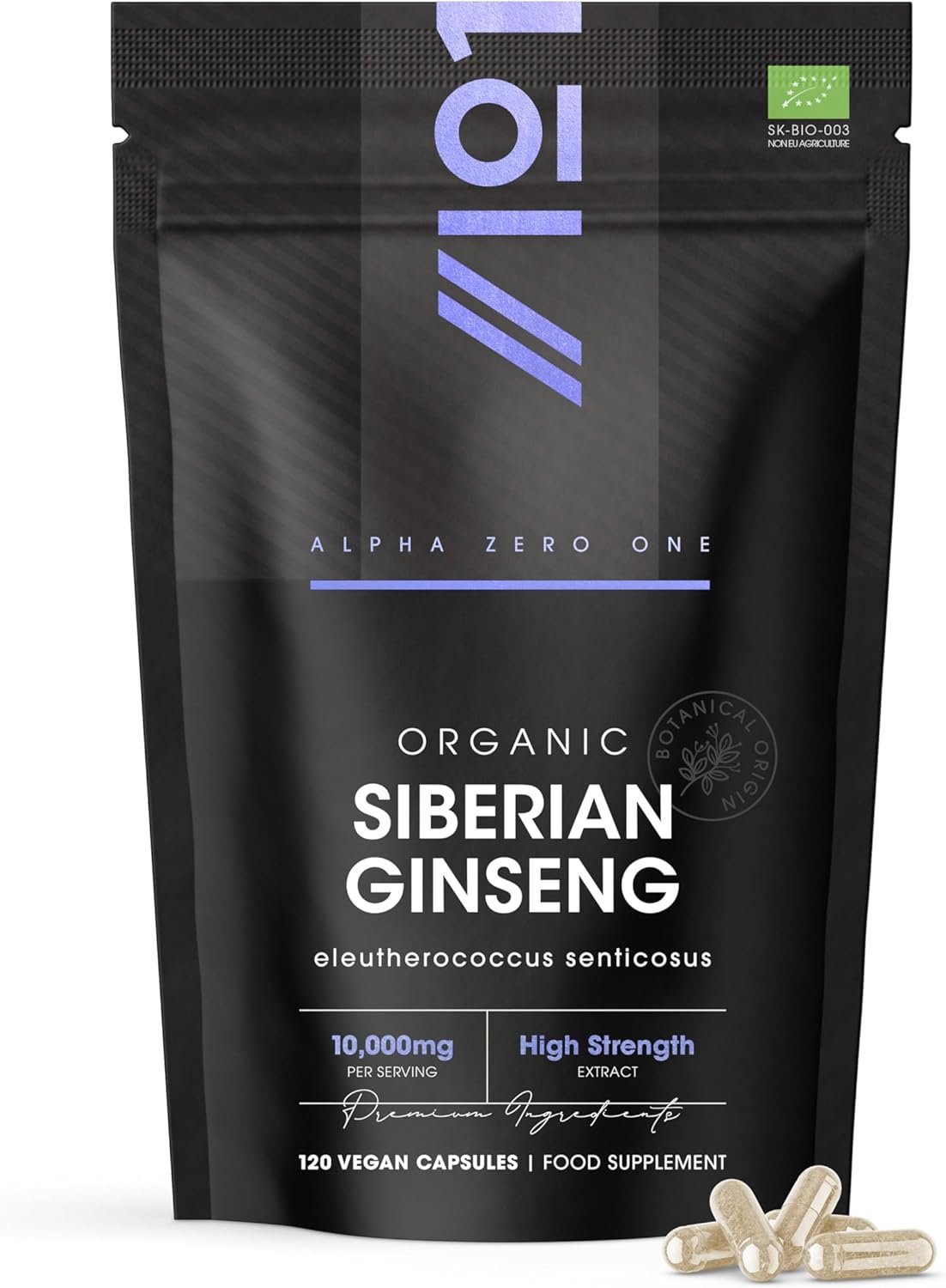 Organic Siberian Ginseng 10,000mg - High Strength Eleutherococcus Senticosus 15:1 Extract - 120 Vegan Capsules – Resealable and Recyclable Pouch by Alpha01