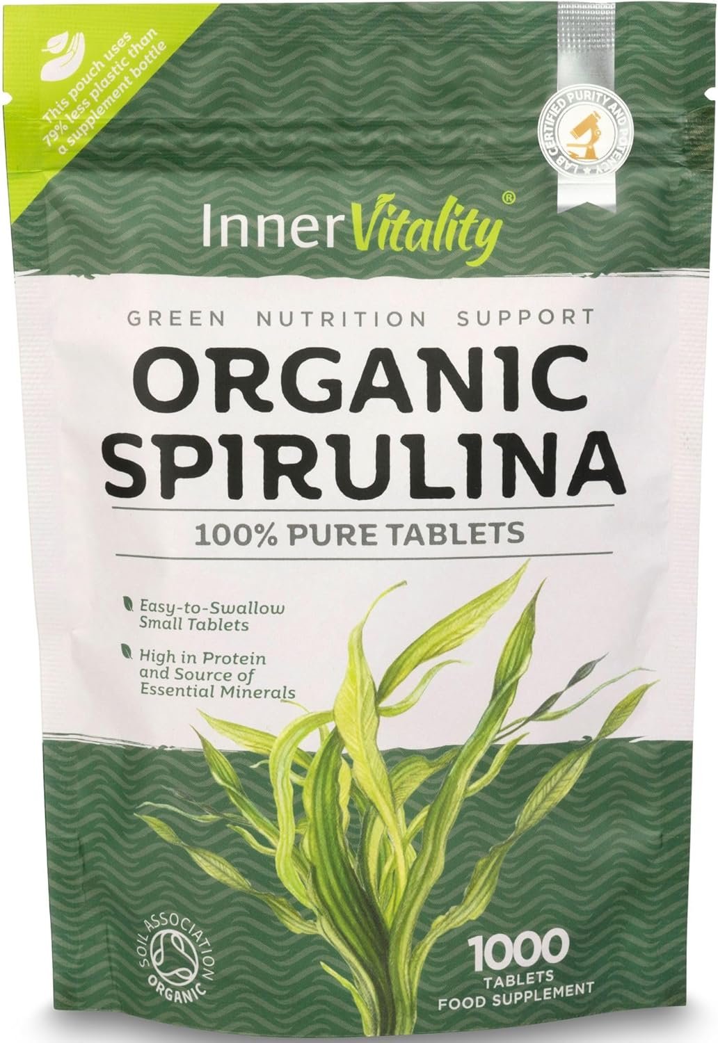 Organic Spirulina 1000x Pure Easy to Swallow Tablets - Rich in Essential Vitamins & Minerals by Inner Vitality