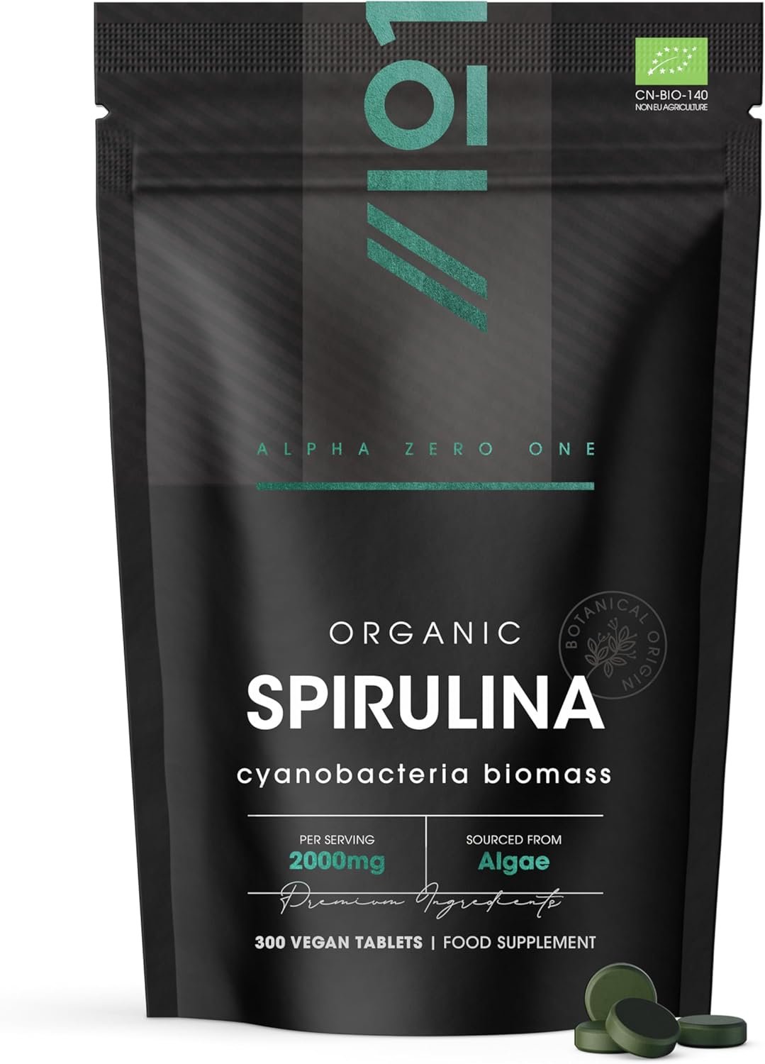 Organic Spirulina 2000mg – 300 Vegan Tablets - Cold Pressed with No Additives – Resealable and Recyclable Pouch by Alpha01