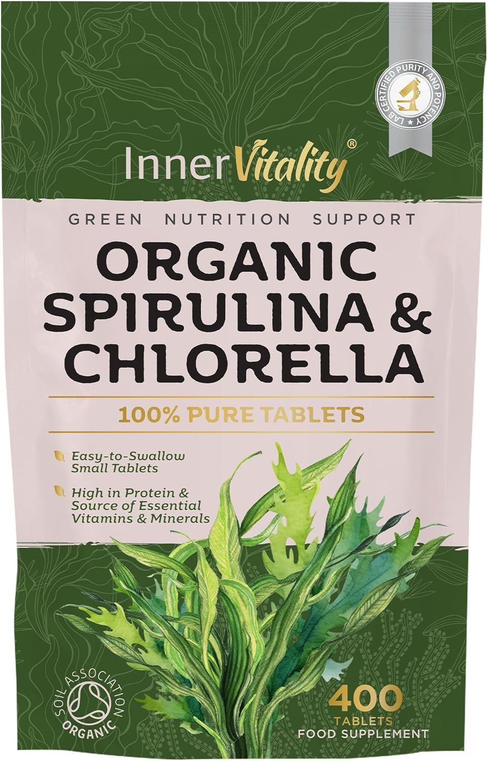 Organic Spirulina & Chlorella 400 Easy to Swallow Tablets - Natural Vitamins & Minerals - Broken Cell Wall, Pure 2000mg Daily Dose Supplement by...