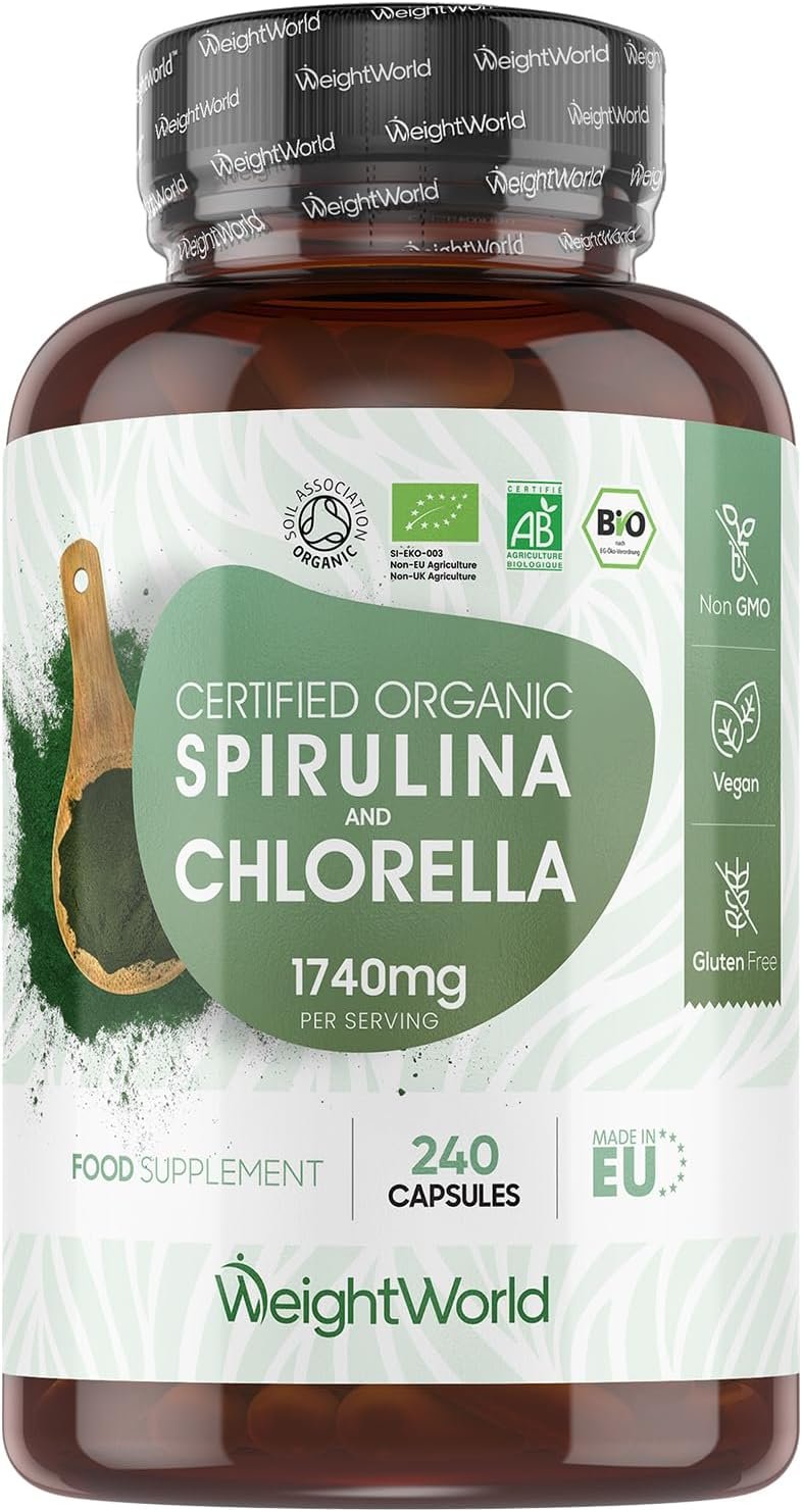 Organic Spirulina and Chlorella Capsules - 80 Days Supply - 240 Capsules - Soil Association Certified - Nutrient-Rich Algae Superfoods - Chlorella and...