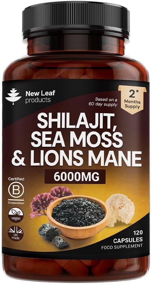 Shilajit Seamoss and Lions Mane Capsules 6000mg - High Strength Complex - 60% Fulvic Acid Shilajit, Irish Sea Moss, Lions Mane 100% Fruiting Body - Vegan,...