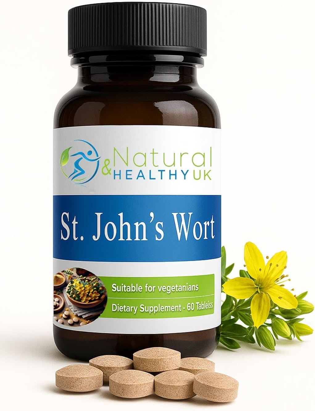 St John's Wort 1000mg - 60 Tablets - Suitable for Vegans - Natural & Healthy UK - Food Supplement
