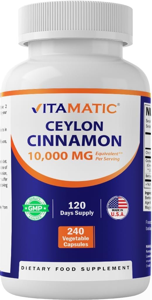 Vitamatic Ceylon Cinnamon 10000 mg Equivalent Per Serving (from 20:1 Extract 500 mg) with Berberine & Chromium - 240 Vegetable Capsules - Non-GMO &...