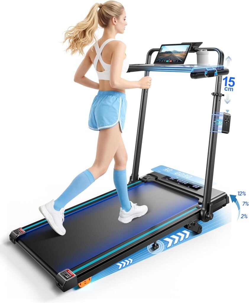 3.0HP Treadmill with Handle and 2%-7%-12% Incline, 6 in 1 Walking Pad Folding Treadmills for Home Foldable with 1-12KM/H, RGB Lights,LED Display,Magnetic...