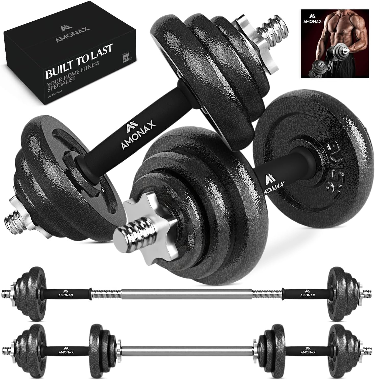 Amonax 20kg 30kg Cast Iron Adjustable Dumbbells Weight Set, Barbell Set Men Women, Strength Training Equipment Home Gym Fitness, Dumbell Pair Hand Weight,...