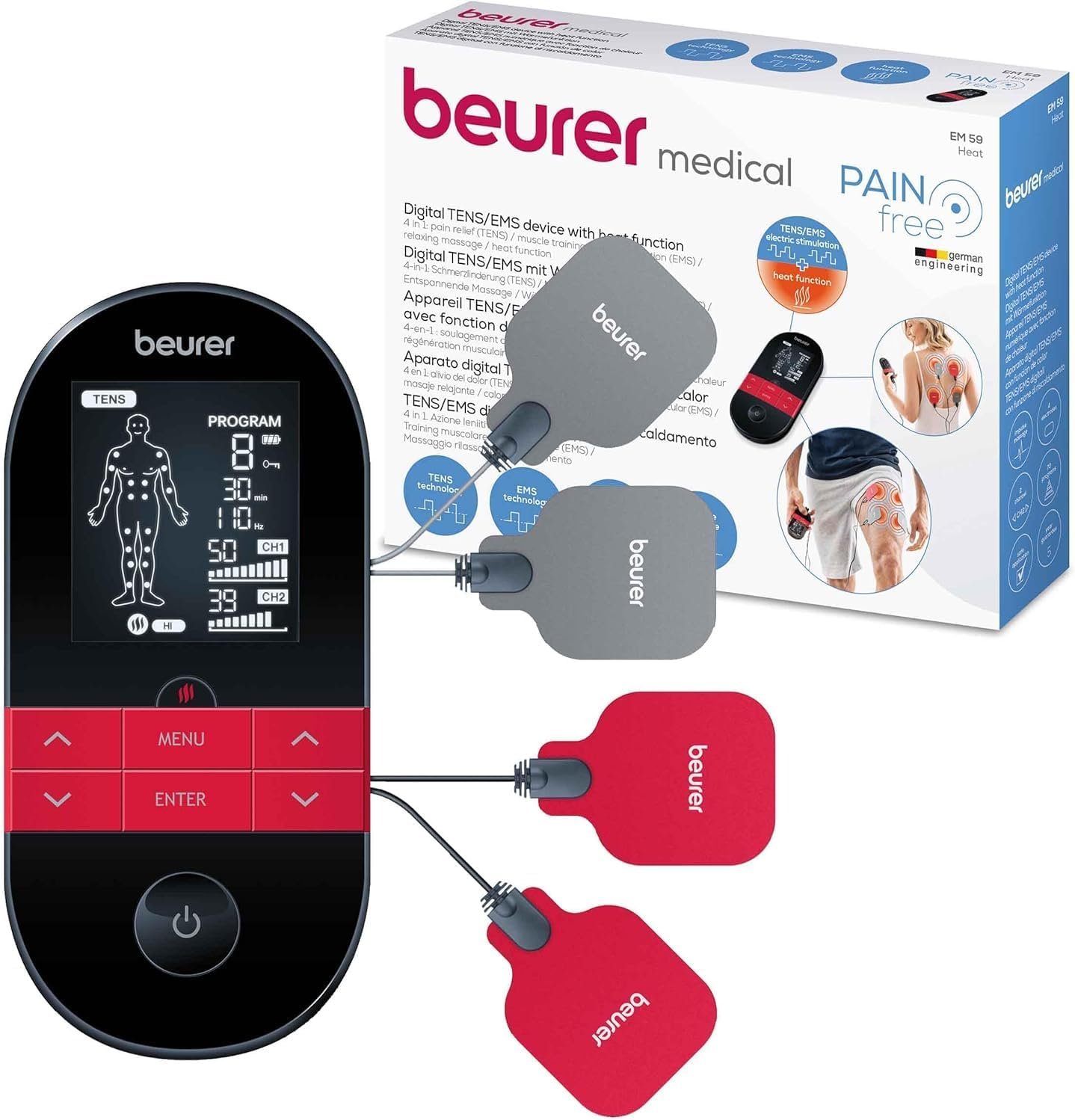Beurer EM59 Digital TENS/EMS Device with Heat, 4-in-1 stimulation device for pain therapy, muscle stimulation, massage and heat therapy, 4 electrodes, 70...