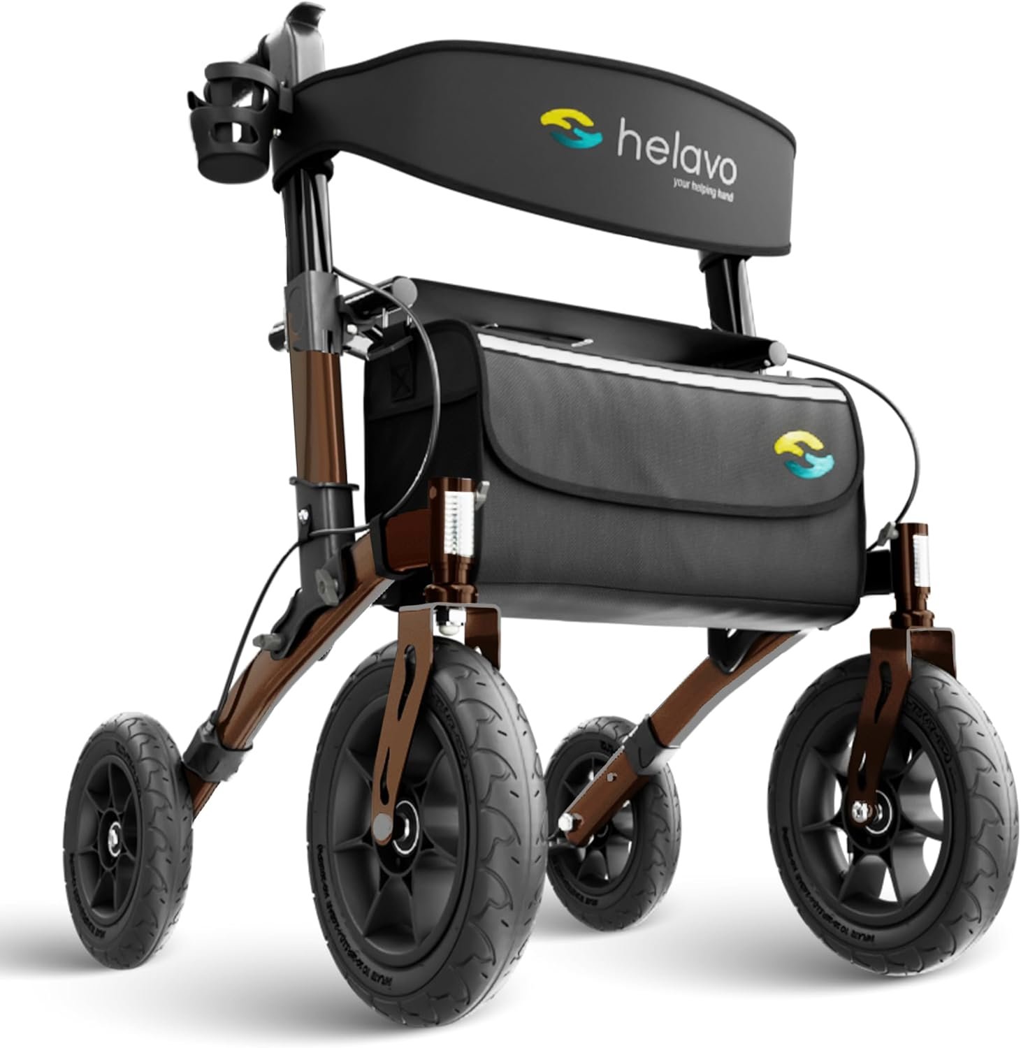 Helavo All Terrain Walker with Puncture-Proof, Flat-Free Solid Rubber Tires - Foldable Outdoor Walker for Seniors with Seat - Best Comfort on All Surfaces