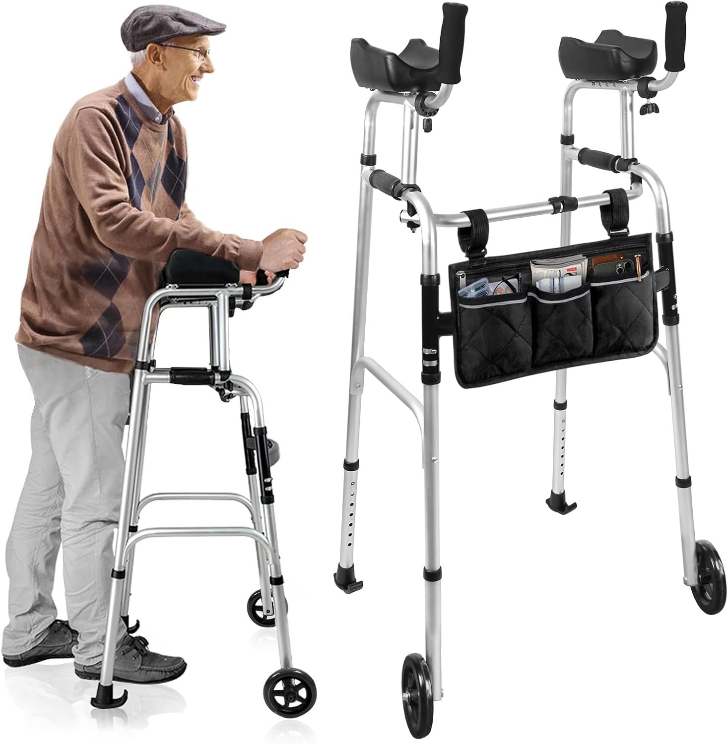 Stand Up Walker for Seniors & Elderly with 6"(15CM) Bearing Wheels - Dual Mode Platform Walker,Height Adjustable Frame with Arm Support&Storage...