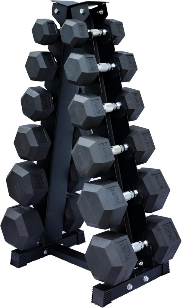 Strongway® Hex Dumbbells Set with Weights Storage Rack Stand Tree 5KG-25KG 2.5-15KG Rubber Coated Cast Iron Weights - Gym Training Weight Lifting Exercise