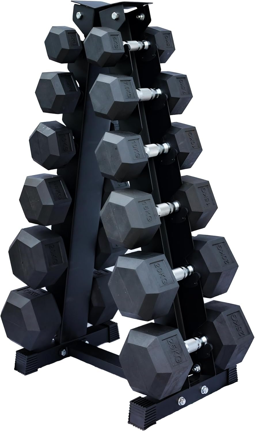 Strongway® Hex Dumbbells Set with Weights Storage Rack Stand Tree 5KG-25KG 2.5-15KG Rubber Coated Cast Iron Weights - Gym Training Weight Lifting Exercise