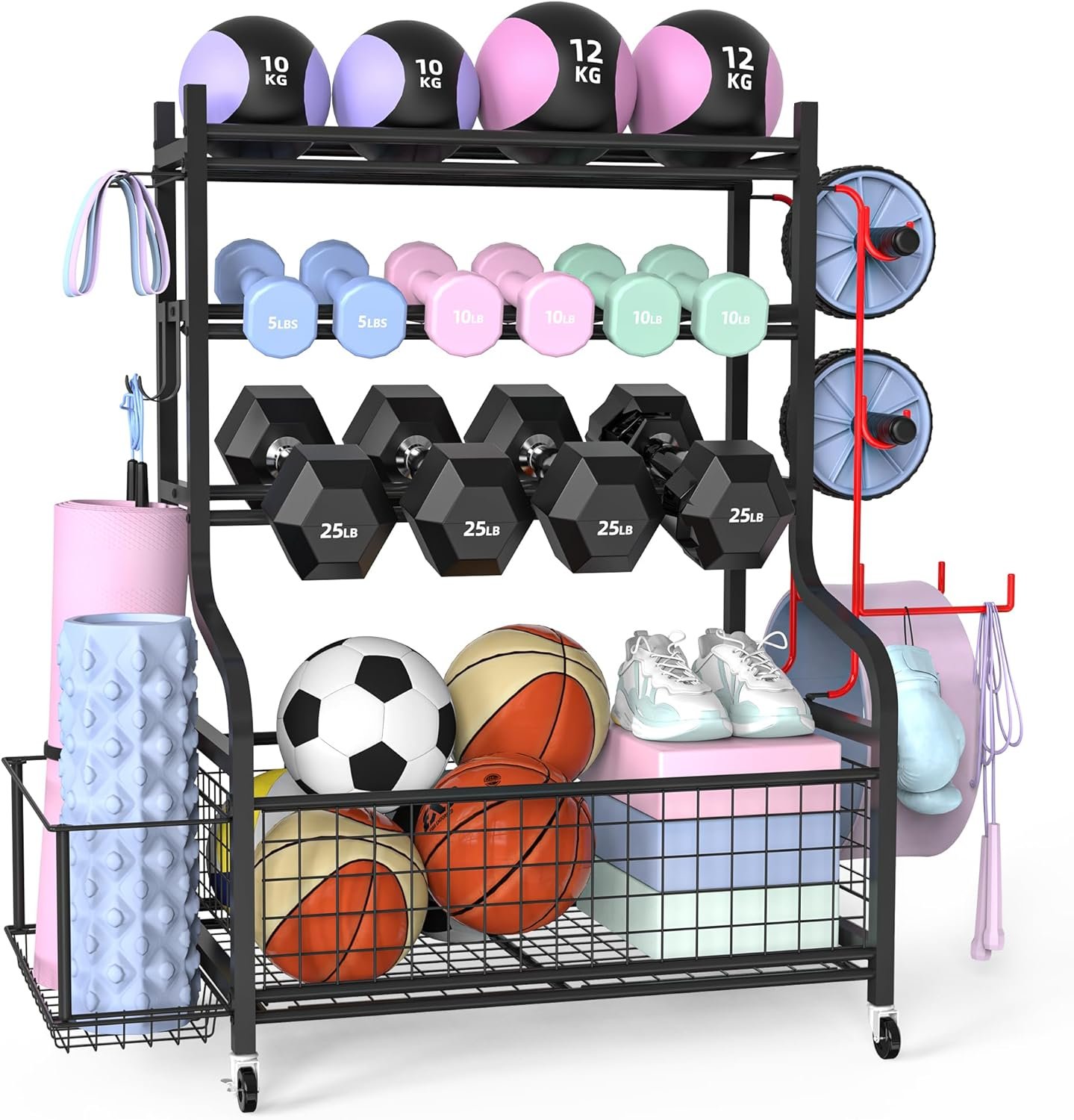 ZACHVO Dumbbell Rack - Home Gym Storage Weight Rack 360° Wheels, Equipment Storage Space-Saving Fitness Organiser for Kettlebells Yoga Blocks, 8 Hooks
