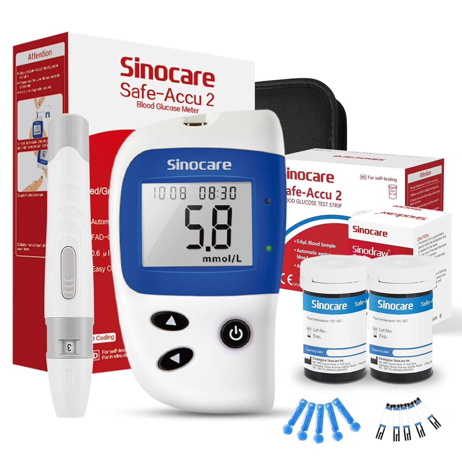 sinocare Blood Glucose Meter/Blood Sugar Monitor Safe-Accu2 /Blood Sugar Test Kit with Test Strips x 50 & Case for UK Diabetics -in mmol/L